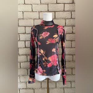 Black Floral Print Mesh Top